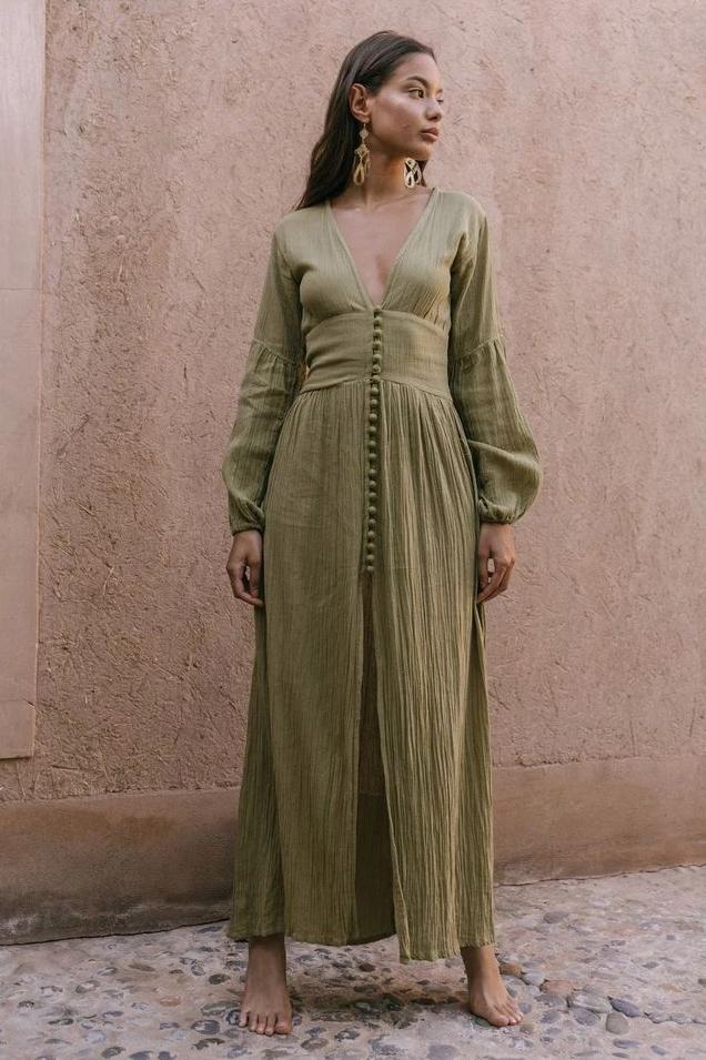 V-neck Lantern Sleeve Button Midi Dress Green