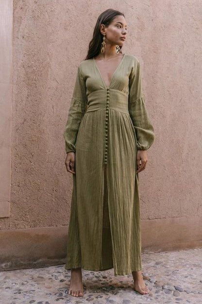 V-neck Lantern Sleeve Button Midi Dress Green
