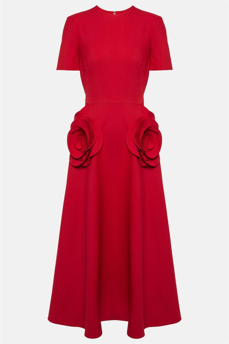3d Round Neck Short Sleeve Midi Dress Red