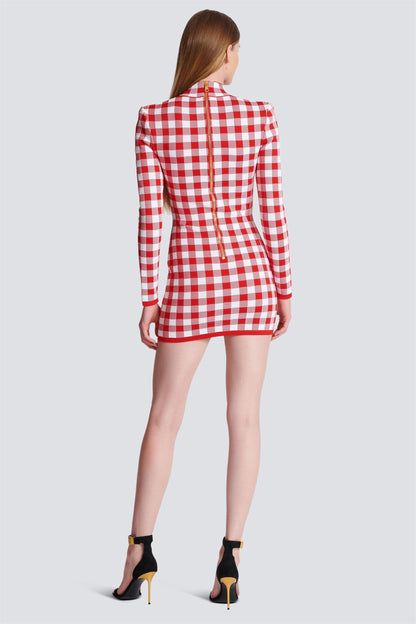 Knit Checks Metal Button Mini Dress