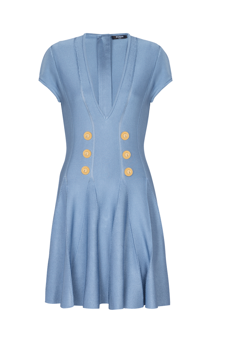 Knit V-neck Metal Button Mini Dress
