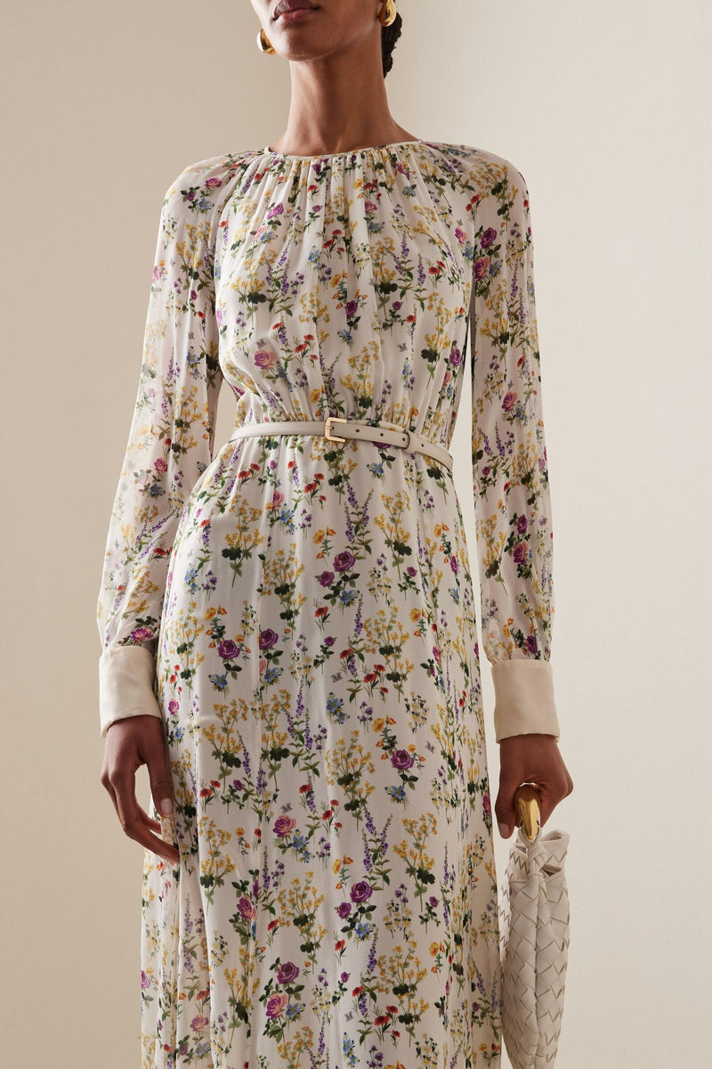 Pleat Round Neck Maxi Dress With Belt