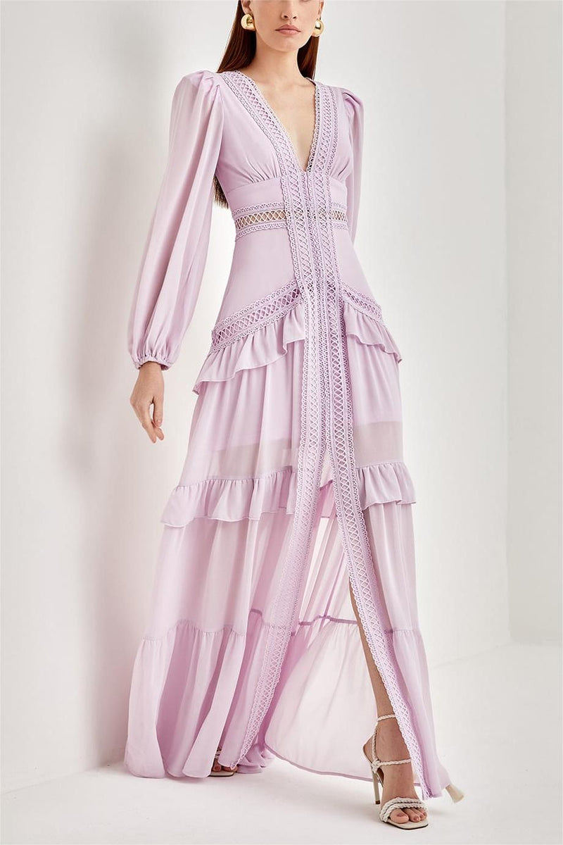 Lace V-neck Frill Midi Dress