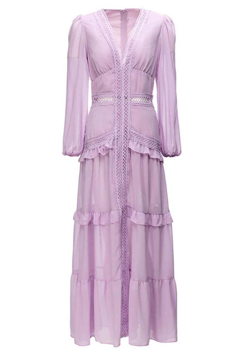 Lace V-neck Frill Midi Dress