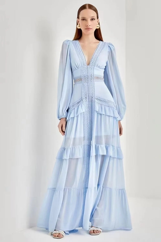 Lace V-neck Frill Midi Dress