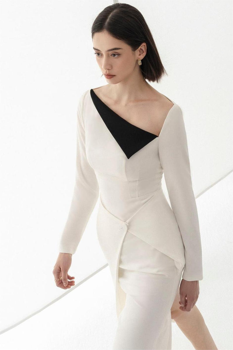 Contrast Color Long Sleeve Midi Dress