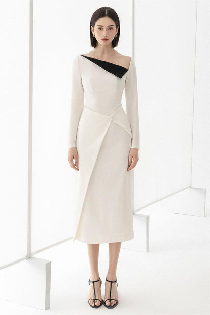 Contrast Color Long Sleeve Midi Dress