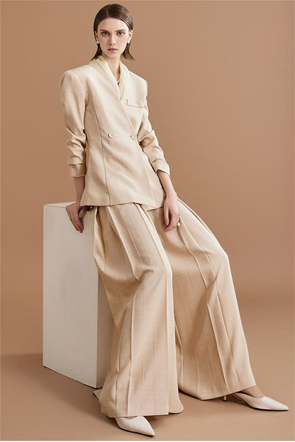 Mid Sleeve Bottom Blazer ＆ High Waist Wide Leg Pants Set With Belt