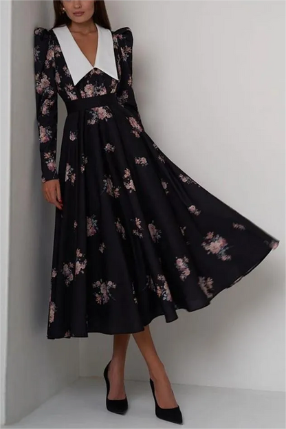 Contrast Collar Puff Sleeve Midi Dress