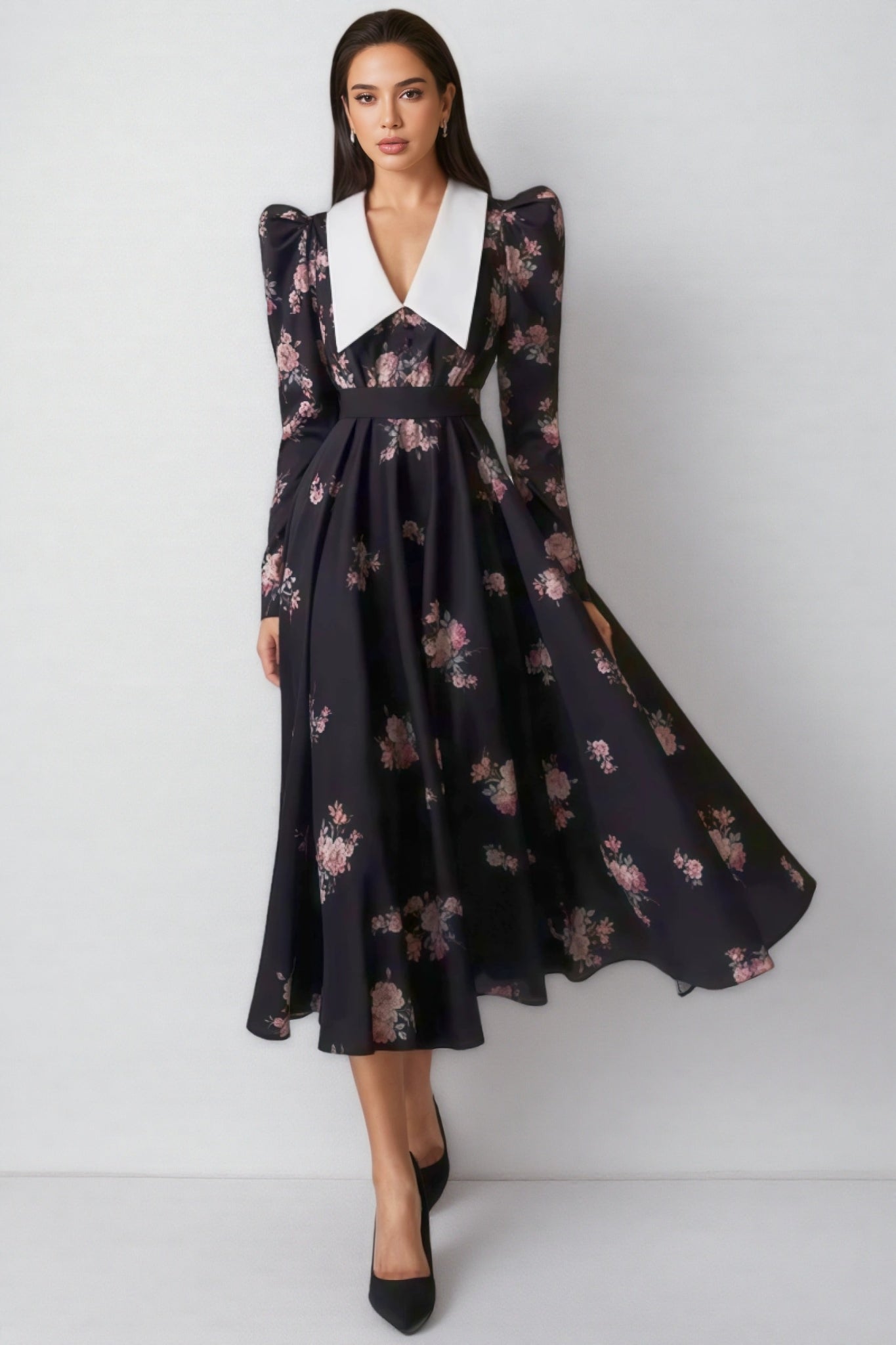 Eamon Contrast Collar Puff Sleeve Midi Dress