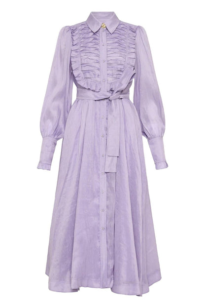 Lantern Sleeve Frill Midi Dress With Belt Purple