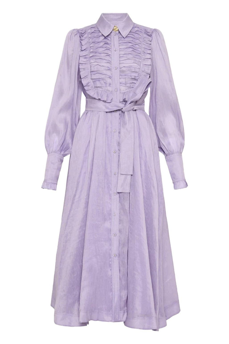 Lantern Sleeve Frill Midi Dress With Belt Purple