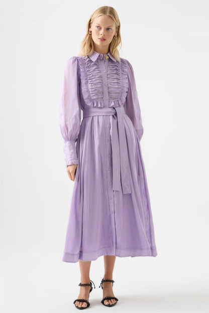 Lantern Sleeve Frill Midi Dress With Belt Purple
