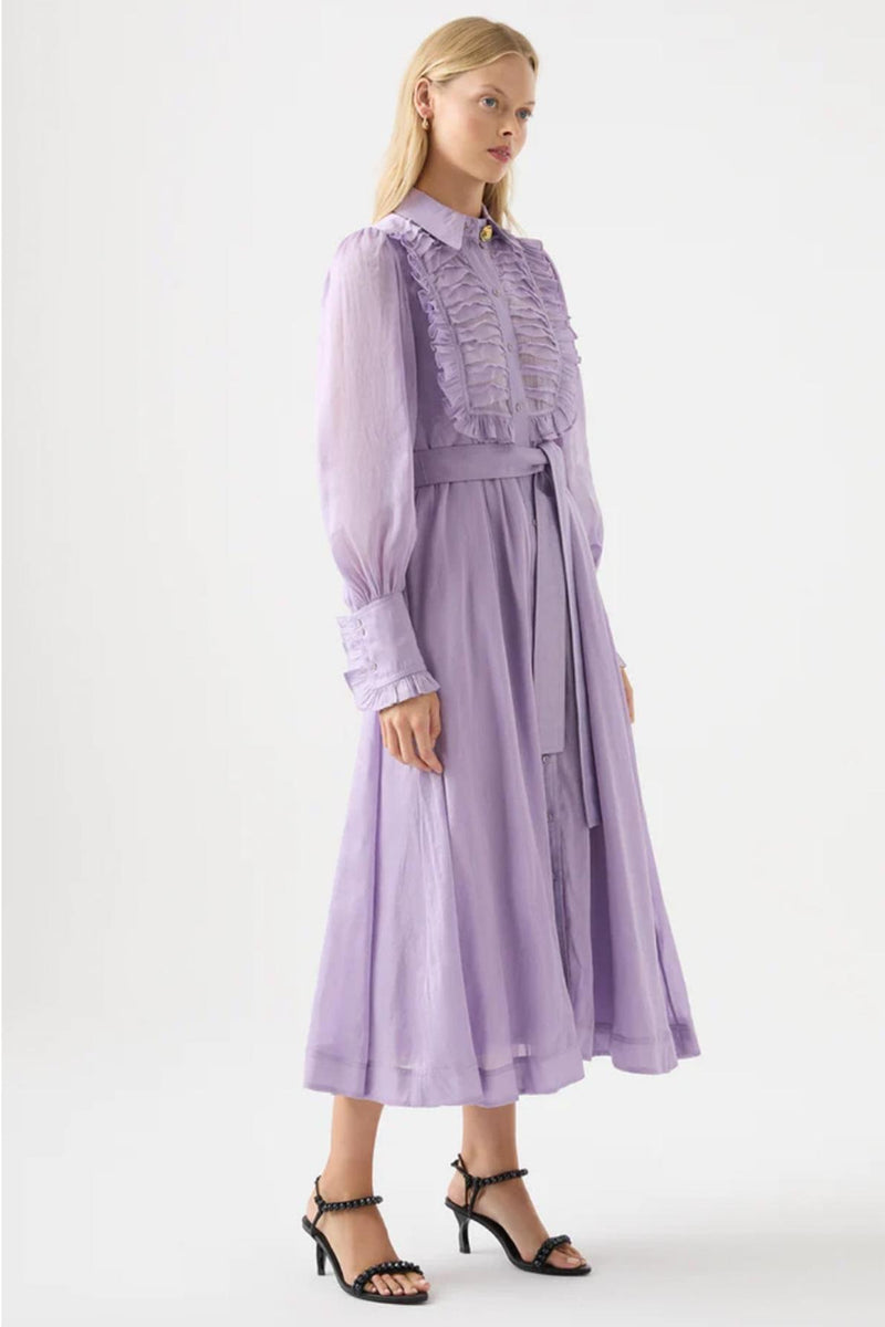Lantern Sleeve Frill Midi Dress With Belt Purple