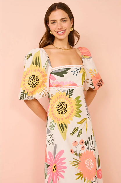 Short Sleeve Square Neck Midi Dress