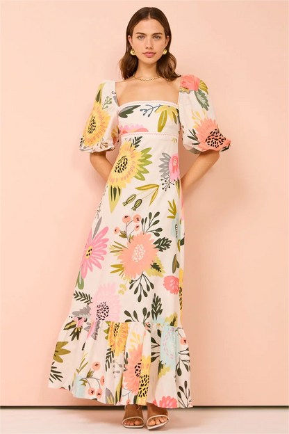 Short Sleeve Square Neck Midi Dress
