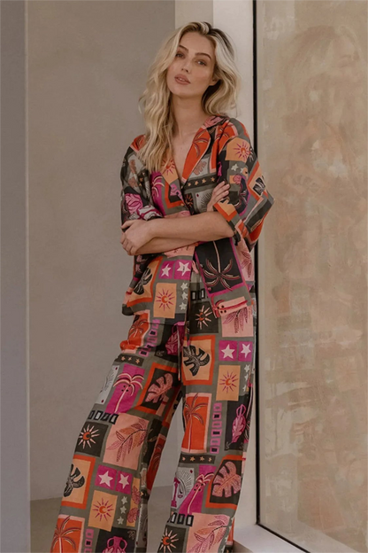 Botanical Print Satin Bottom Top �?mid Waist Pants Set