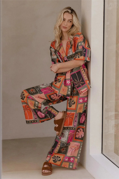 Botanical Print Satin Bottom Top �?mid Waist Pants Set
