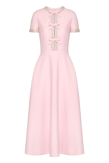 Bow Rhinestone Short Sleeve Midi Dress