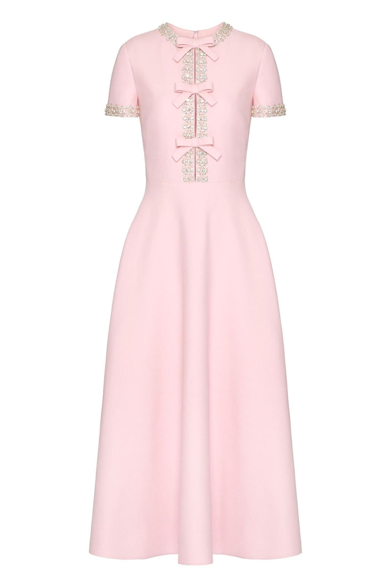 Bow Rhinestone Short Sleeve Midi Dress