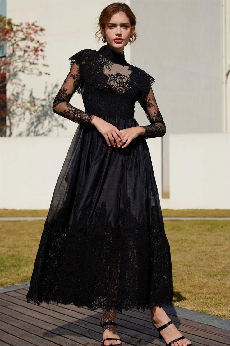Lace High Neck Long Sleeve Midi Dress