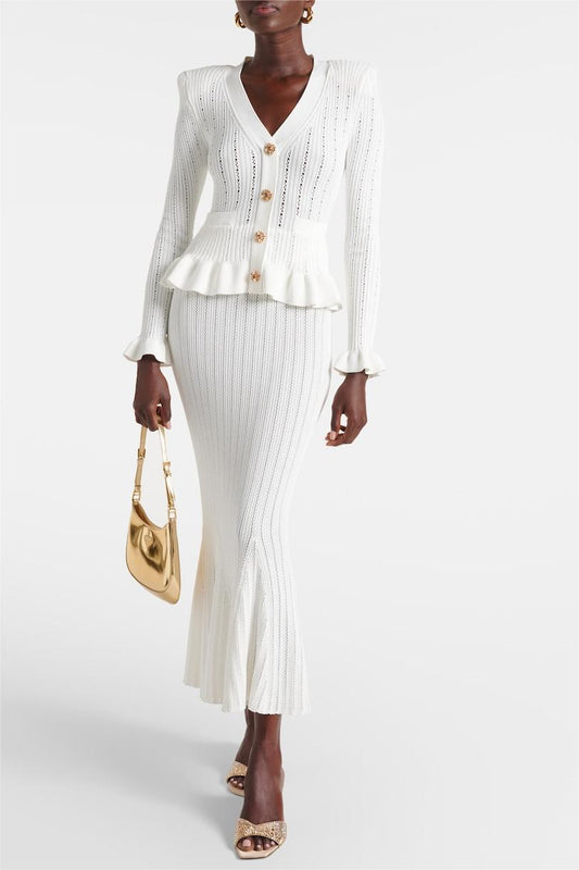 Metal Button Top ＆ High Waist Knit Midi Dress Set