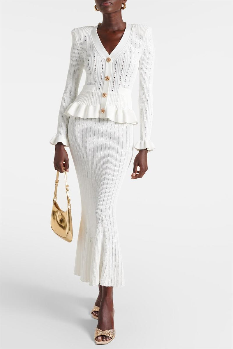 Metal Button Top ＆ High Waist Knit Midi Dress Set