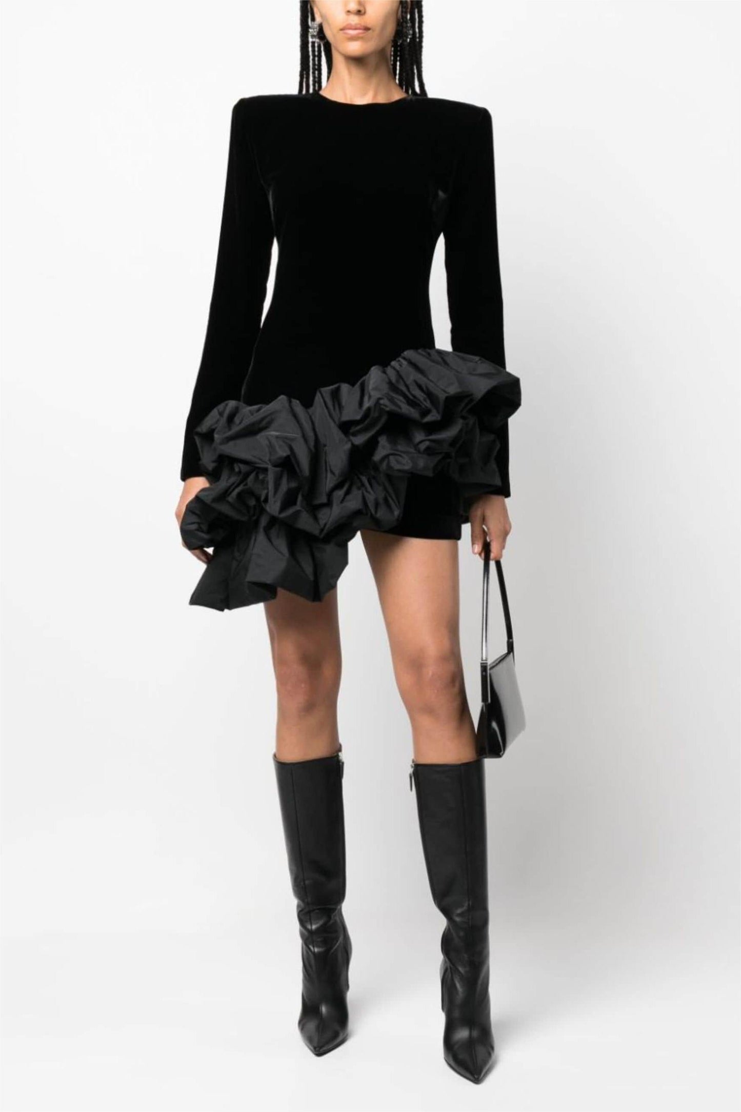 Velvet Long Sleeve Ruffle Mini Dress
