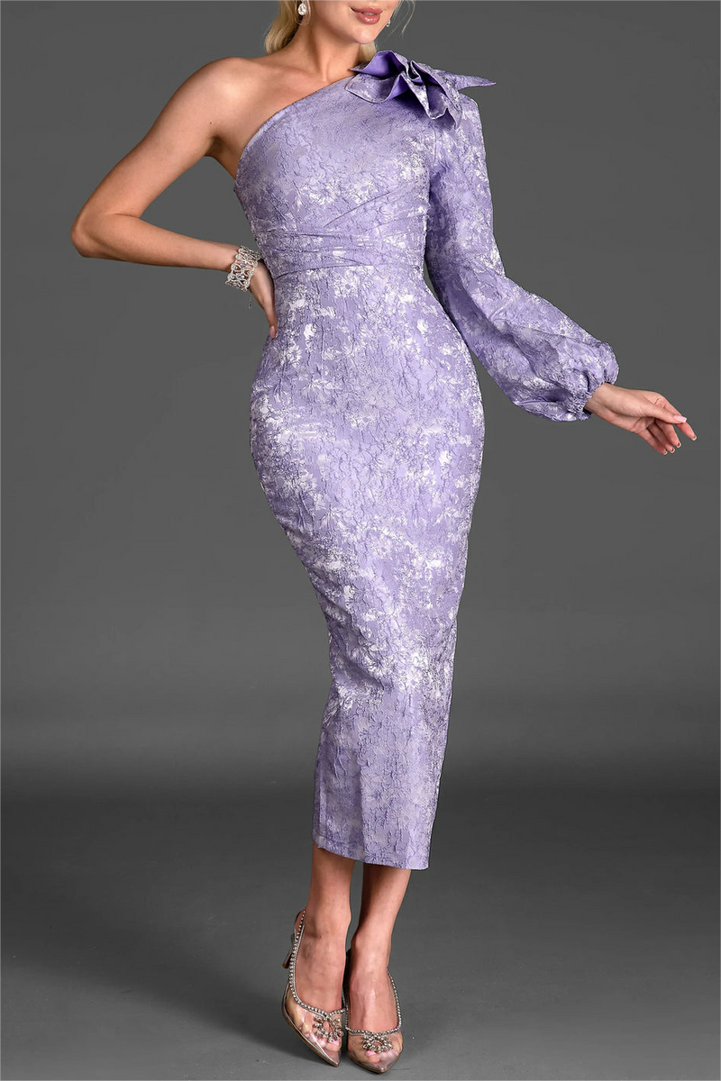 Jacquard Frill One-shoulder Midi Dress