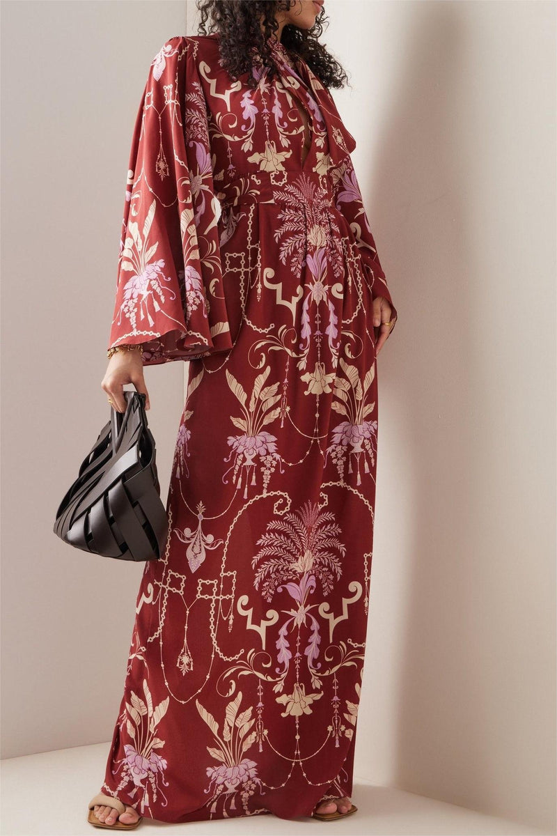Paisley Print Knotted Long Sleeve Midi Dress