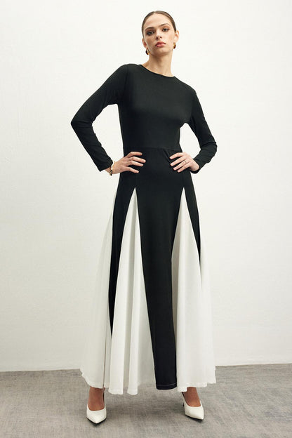 Contrast Color Long Sleeve Midi Dress