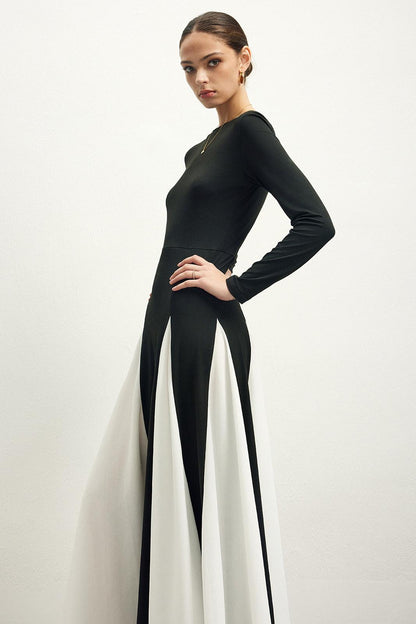 Contrast Color Long Sleeve Midi Dress