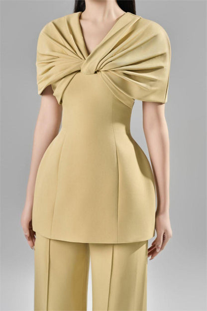 Knotted V-neck Top & High Waist Loose Pants
