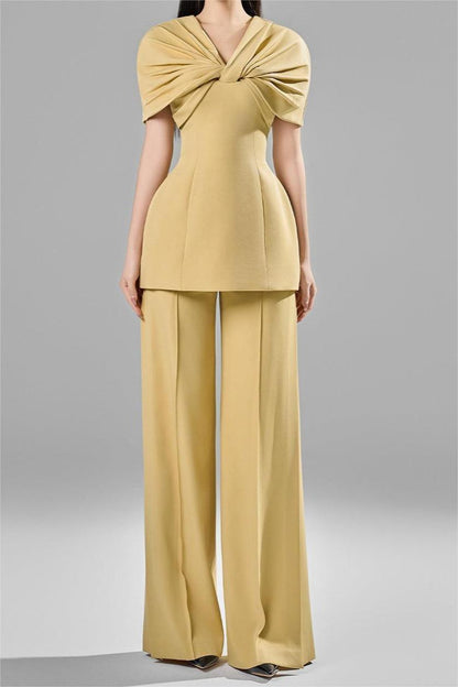 Knotted V-neck Top & High Waist Loose Pants