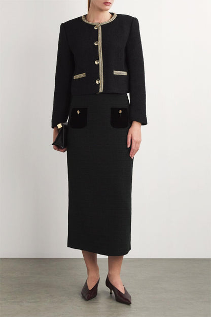 Velvet Splicing High Waist Midi Skirt