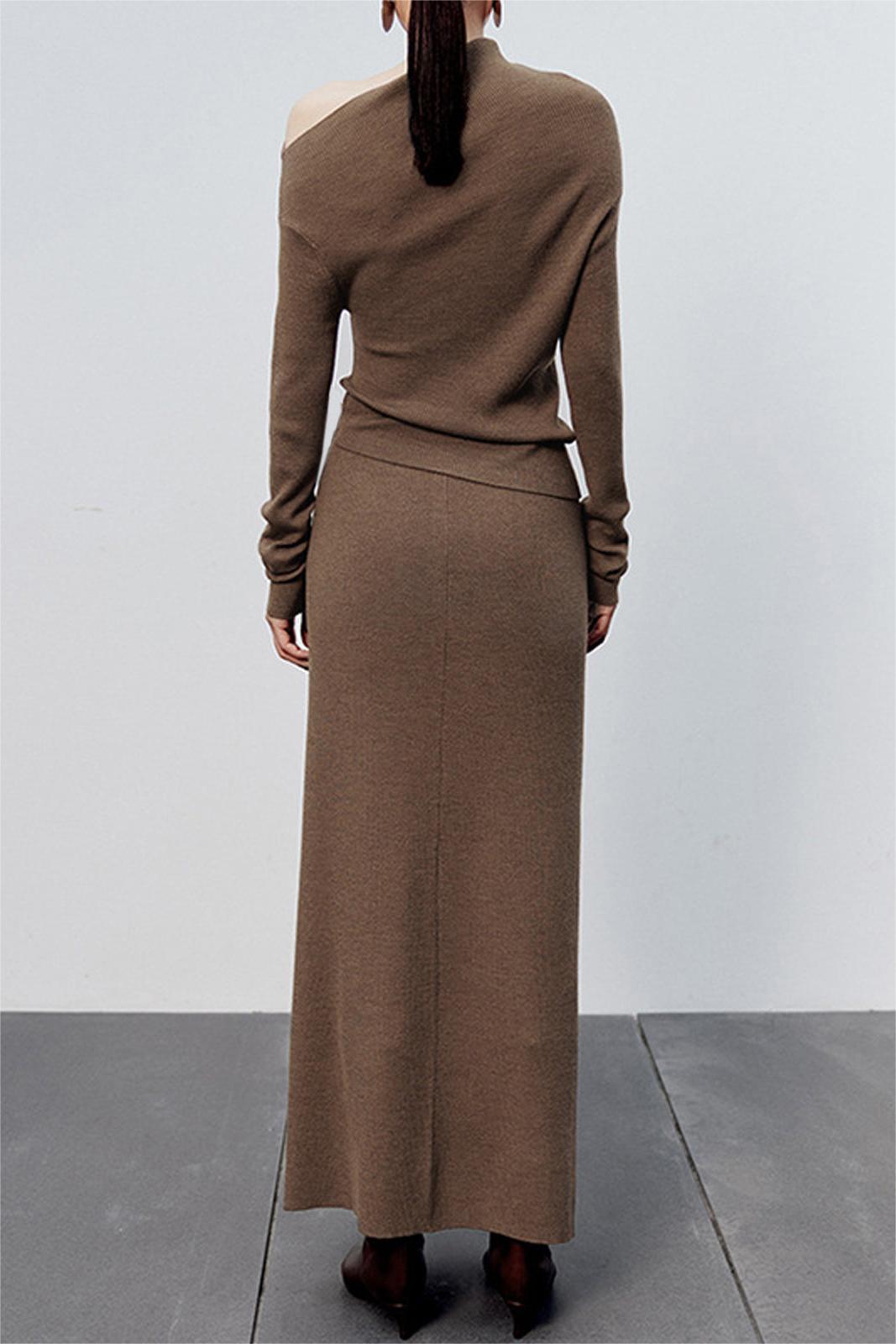 Off-shoulder Top Sweater & High Waist Midi Skirt Set