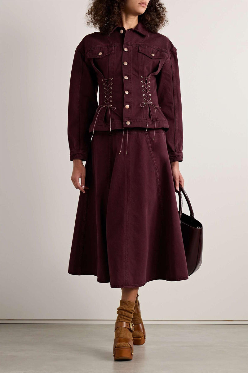 Denim Lace Up Coat & Hight Waist Midi Skirt Set