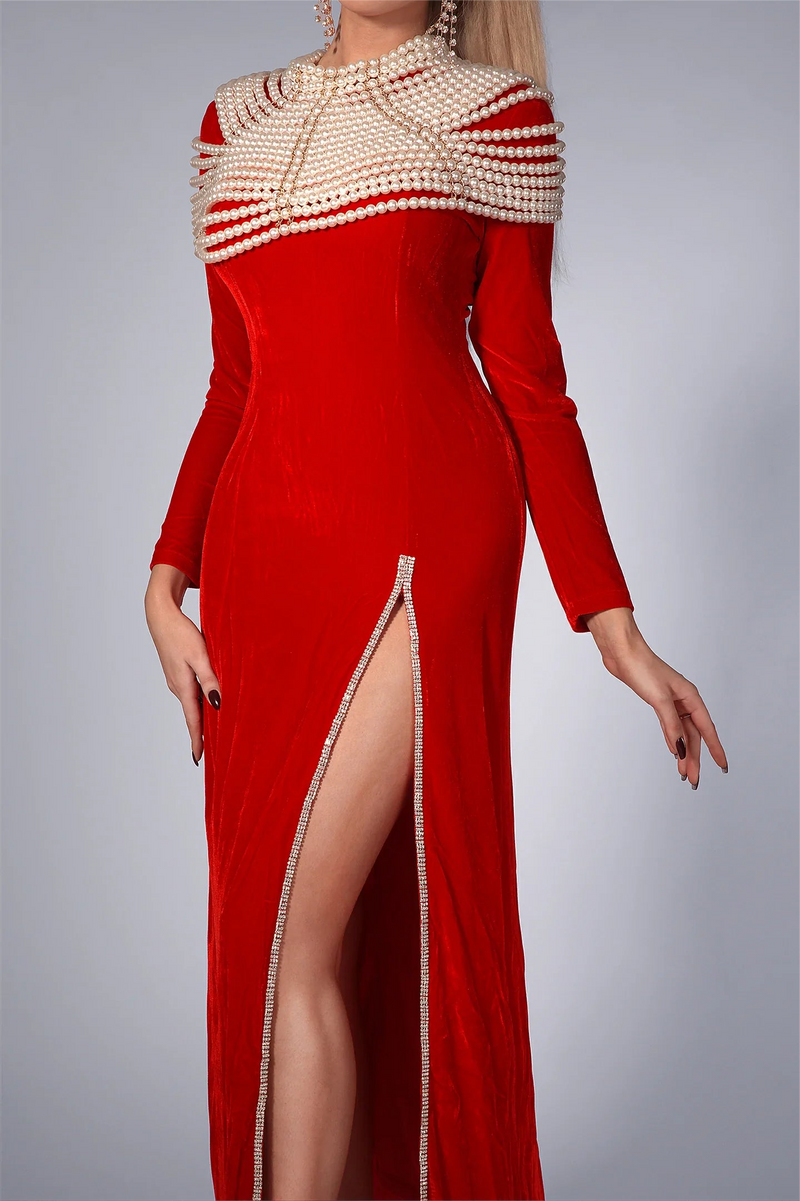 Faux Pearl Velvet High Slit Midi Dress