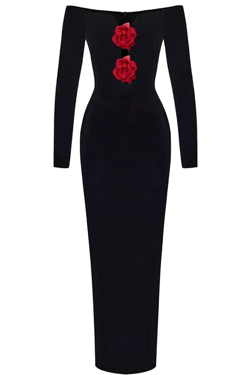 3d Flower Velvet Off-shoulder Midi Dress