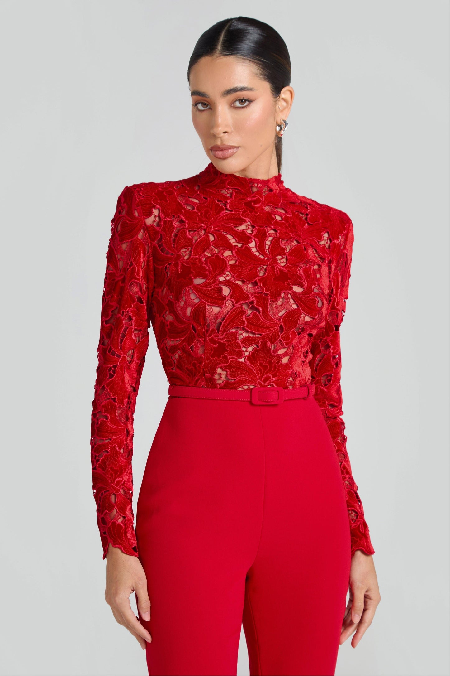 Lace Long Sleeve Jumpsuit With Belt