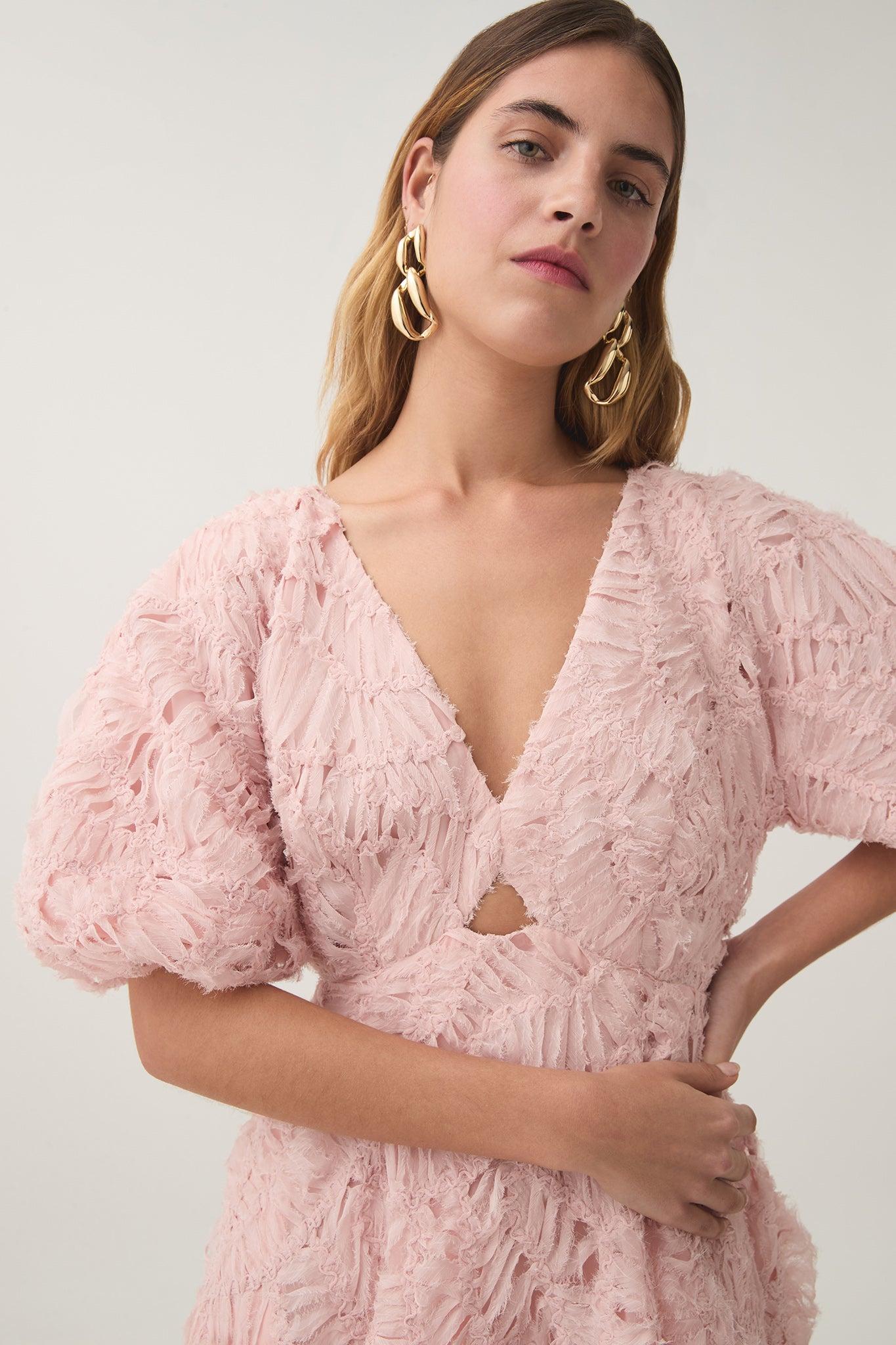 V-neck Puff Sleeve Cut-out Midi Dress