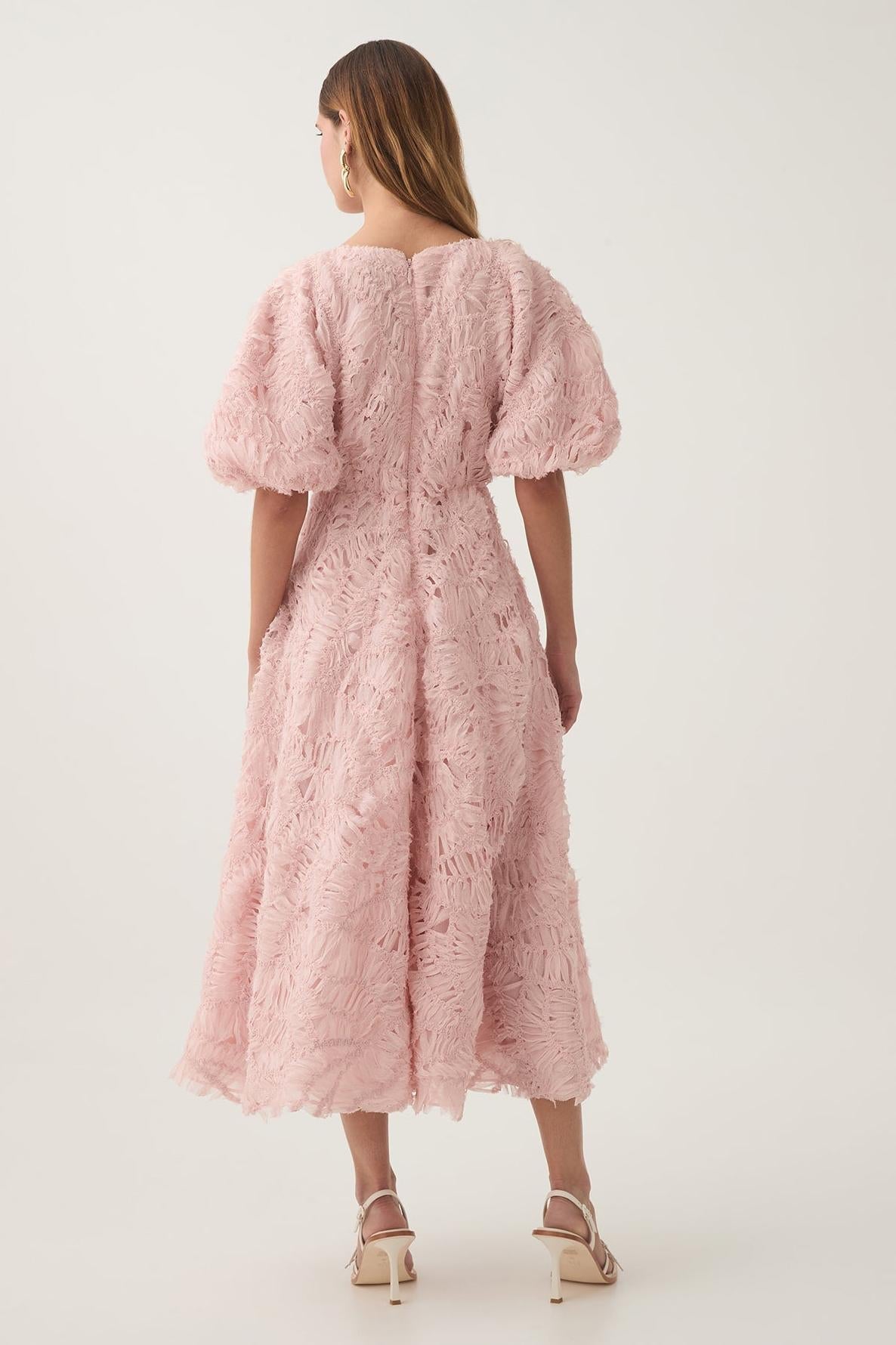 V-neck Puff Sleeve Cut-out Midi Dress