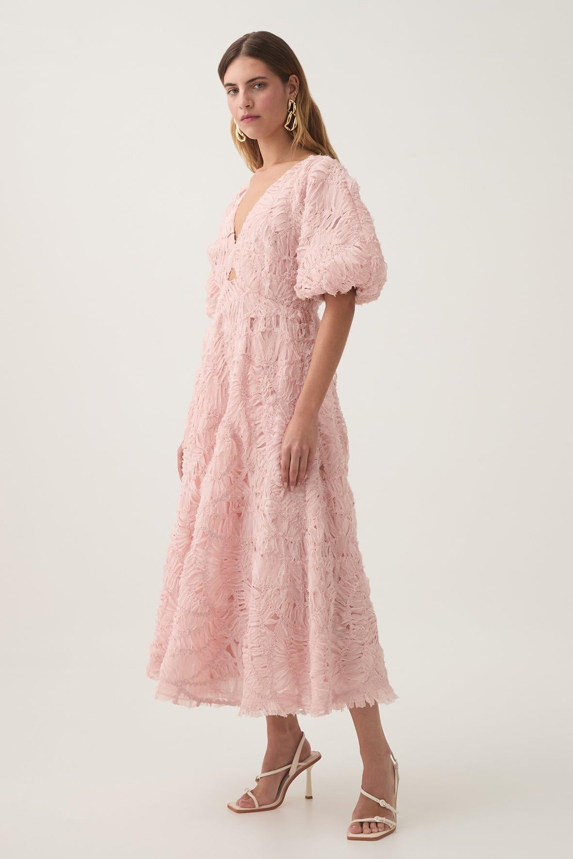 V-neck Puff Sleeve Cut-out Midi Dress