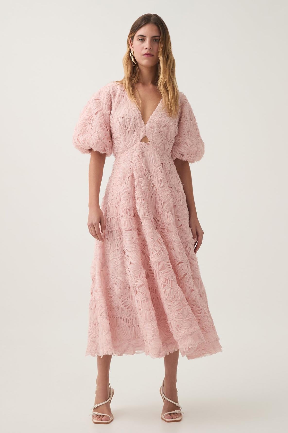V-neck Puff Sleeve Cut-out Midi Dress