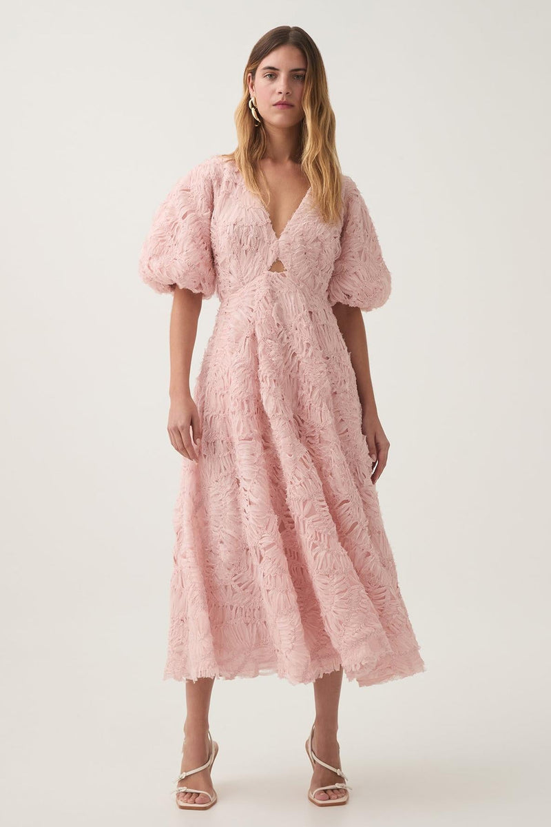V-neck Puff Sleeve Cut-out Midi Dress