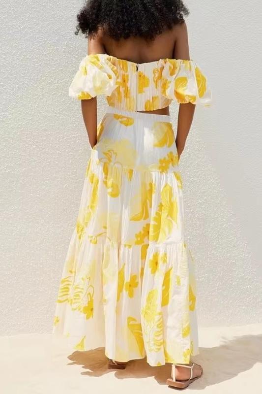Embroidery Off-shoulder Top & High Waist Midi Dress Set