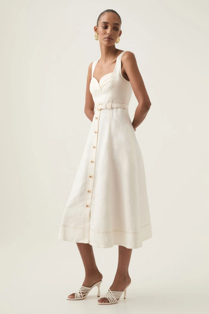 Square Neck Linen Midi Dress With Belt