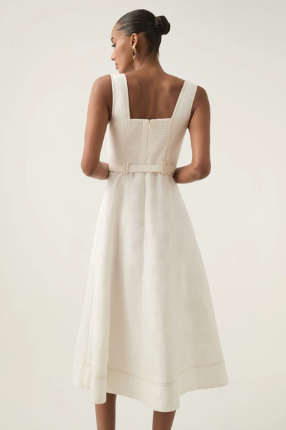 Square Neck Linen Midi Dress With Belt