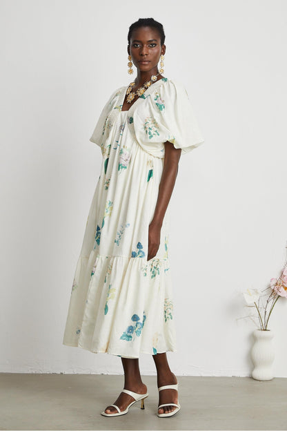 Puff Sleeve Smocking Midi Dress