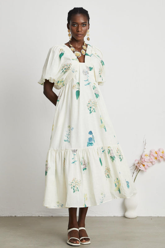 Puff Sleeve Smocking Midi Dress